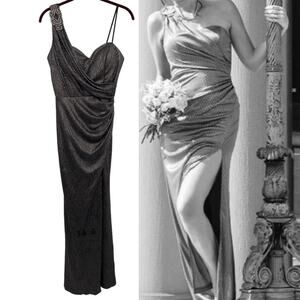 Xscape Black Metallic Maxi Dress One Shoulder Draped Padded Cups Womens Size 8